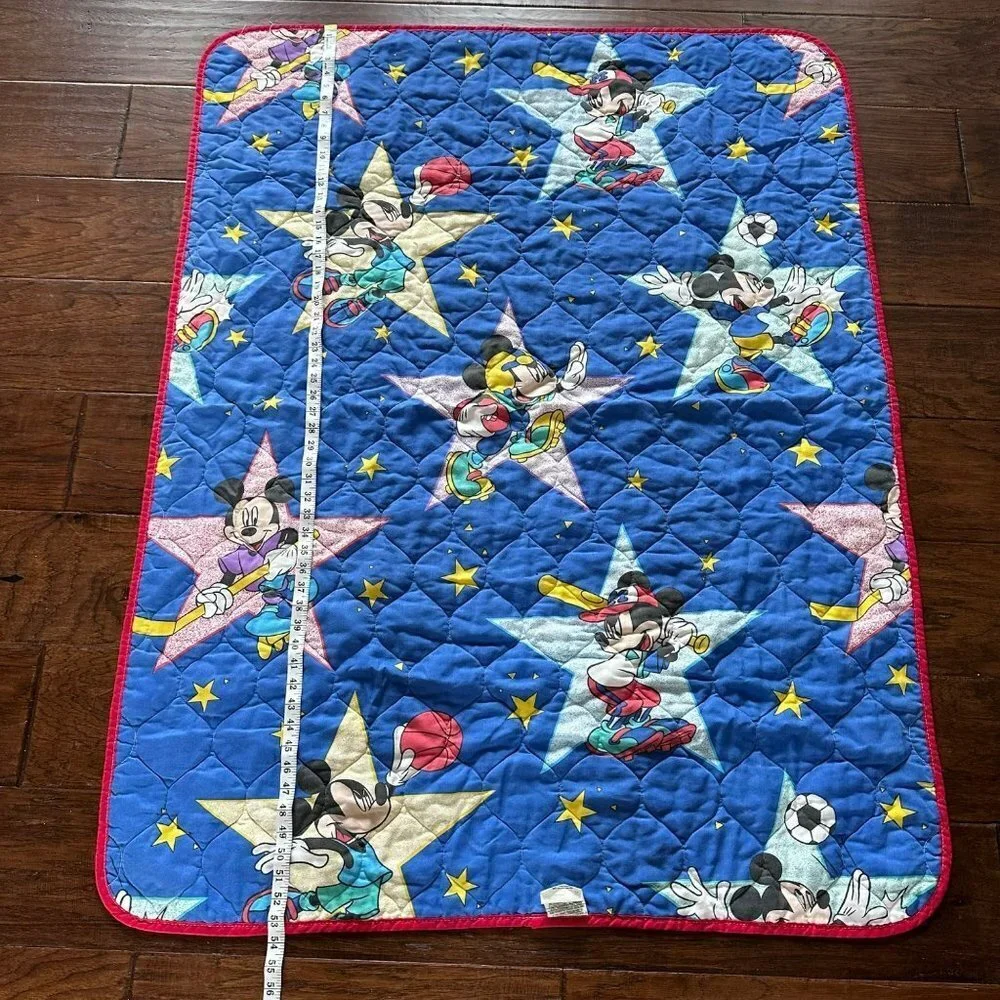 Vintage 80's Disney Quilt Sports Mickey Print 40x54 football basketball soccer b